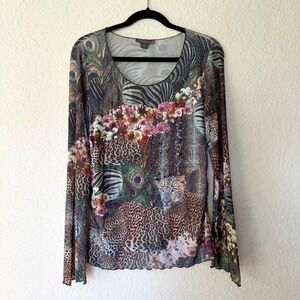 Women's Sheer Top XL Blouse Peacock Feather Leopard Print Zebra Beaded Floral